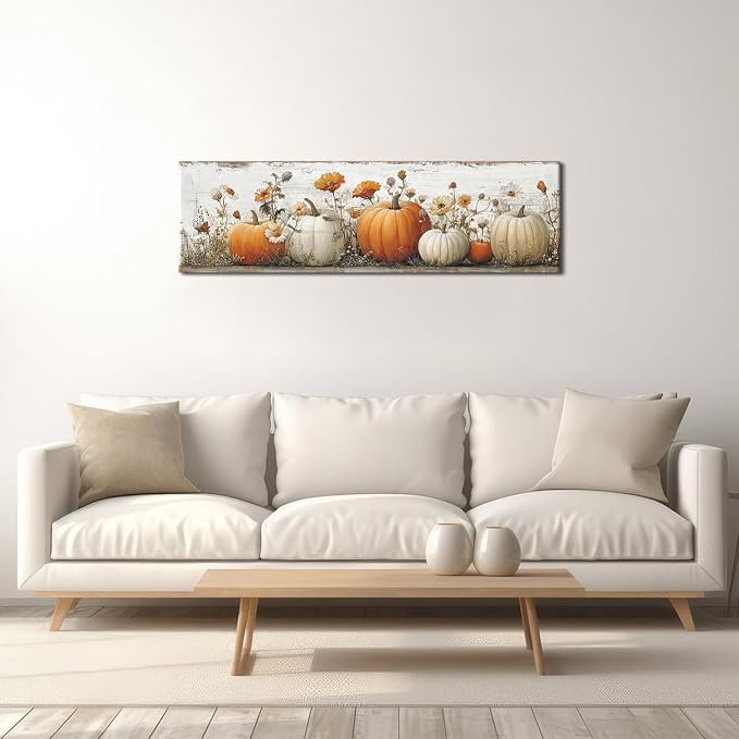 Large Pumpkin Wall Art Fall Wall Decor Farmhouse Kitchen Pictures Wall Decor Autumn Pumpkins Leaves Canvas Prints Painting Rustic Botanical Poster Artwork for Bedroom Living Room Decoration 14x48”