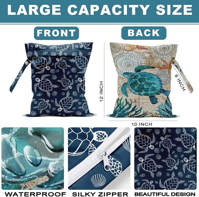 2Pcs Turtle Wet Bag 12x10 Inch, Starfish Waterproof Reusable Wet Dry Bags, Sea Weed Washable Travel Laundry Bags for Swimsuit Beach Diapers Dirty Yoga Gym Clothes, Sea Turtle Gifts for Women Friend