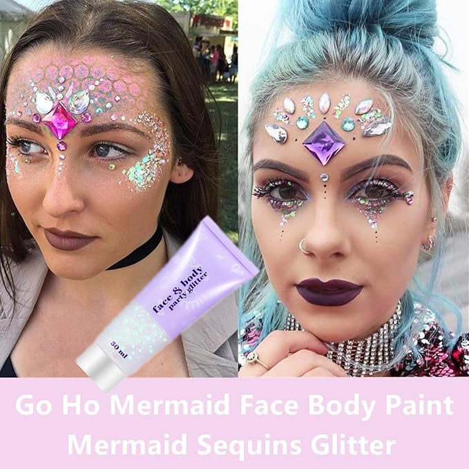 Go Ho Clear White Face Body Glitter - Party Flash Festival Rave Outfits for Women&Kids,Holographic Glitter White Face Paint,Halloween Mermaid Fairy Makeup Chunky Sequins Gel,Rave Pride Accessories