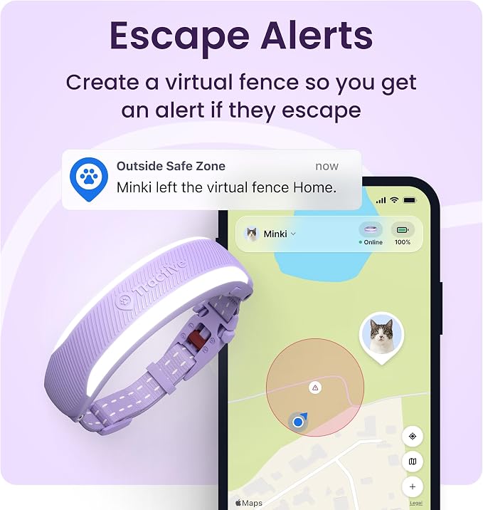 Tractive Smart Cat GPS Tracker Collar | Real-Time Location & Wellness Monitoring for Cats | Territory & Location History | Health Alerts & Vitals Monitoring | Breakaway Collar (Brown) (Lavender)