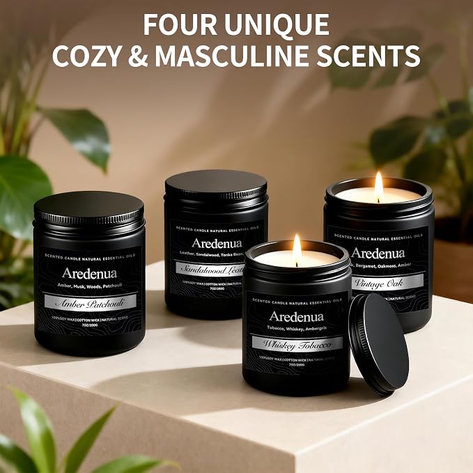 Mens Candle Set – Manly Candles for Men, 4 Pack Soy Candles for Home Scented, Masculine Candle Gift Set - Includes Sandalwood Leather, Whiskey Tobacco, Amber Patchouli & Vintage Oak