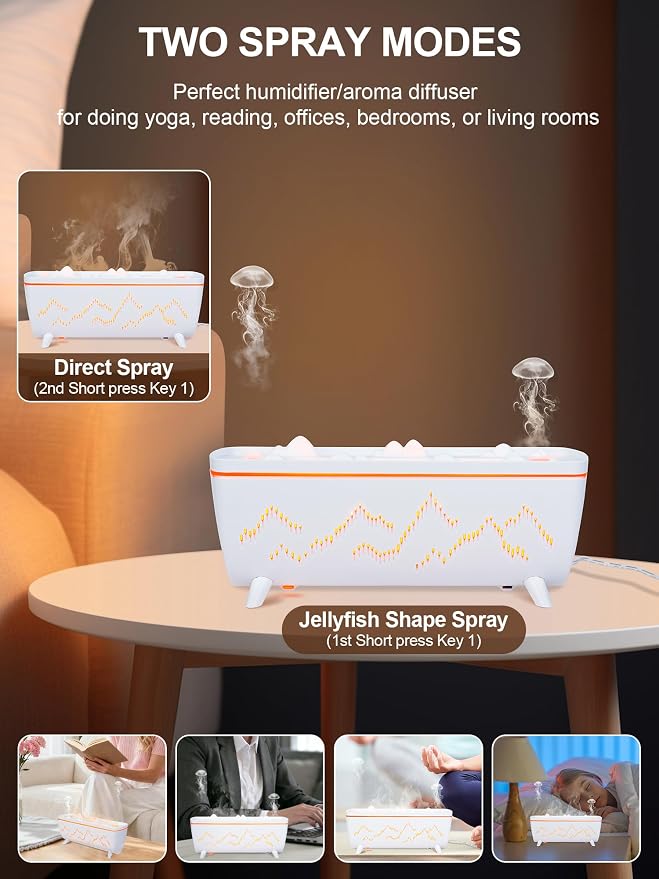 Volcano Jellyfish Diffuser - Essential Oil Aromatherapy Aroma Humidifiers | 280ML Leak-Proof Low Noise 2 Ring Holes with Timer for Bedroom Office Hotel