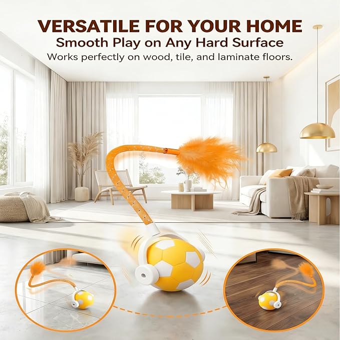 XRG Interactive Cat Toys for Indoor Cats, Automatic Moving Cat Ball Toy with Mesh Tail & Feather, Motion Activated Kitten Toy for Bored Adult Cats, Two Metal Bells, Low Noise Design(Yellow and Orange)