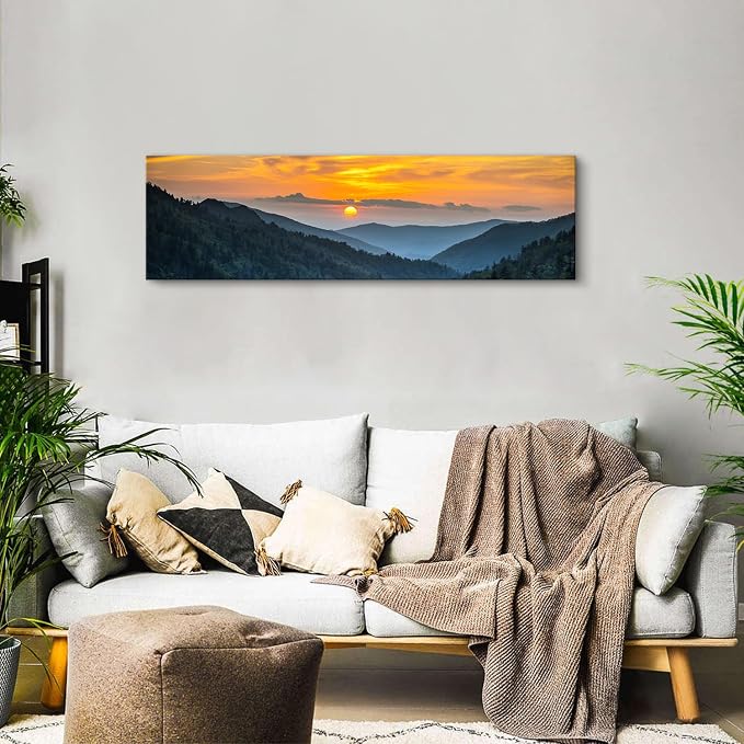Sunset Blue Ridge Mountain Wall Art for Living Room Nature Wall Decor Smoky Mountain Landscape Picture National Park Poster Canvas Prints Misty Forest Scenic Painting Artwork Office Decorations 14x48”