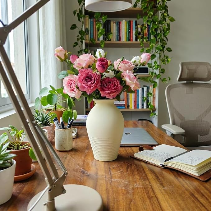 Ceramic Vase - Large & Elegant Farmhouse-Style Vases for Rustic Vintage Home Decor: Living Room, Bedroom, Office, Dining + More - Perfect for Tables, Shelves, Fireplaces & Coffee Desks (White)