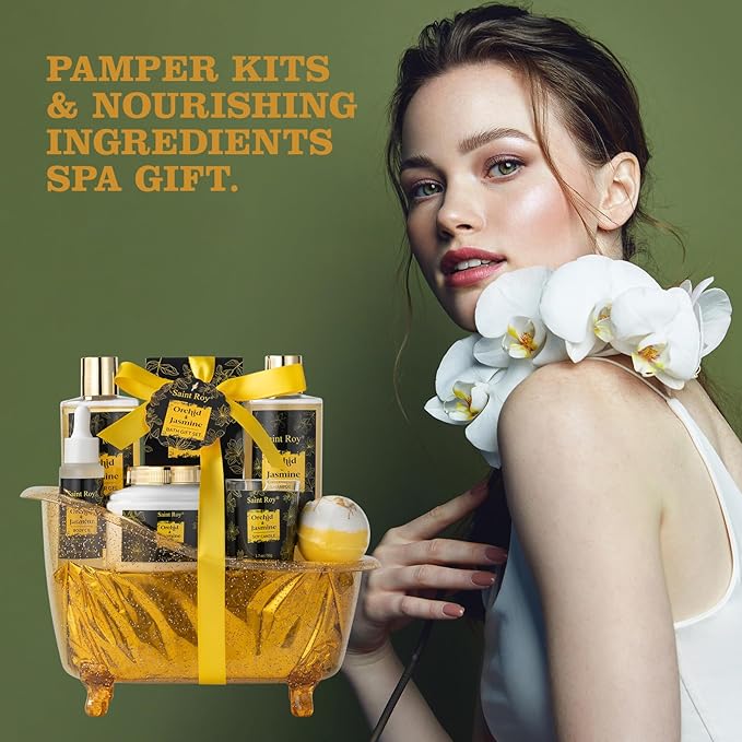 Mothers Day Home Spa Bath Gift Basket, Spa gift basket Christmas Gifts for Women men, Spa Kit Self-care Gifts, Spa Collection Gift, Orchid Jasmine Bath and Body Gift Pampering Spa Gifts Mother's Day