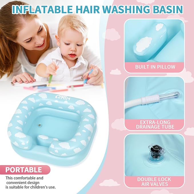 Inflatable Shampoo Basin for Kids - Hair Washing Basin for Children,Teens,Toddler With Neck Support, Portable Shampoo Bowl for use In Bed,on Bathtub,On Floor,or Sink,Tear-Free Rins