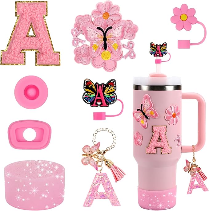 15PCS Cup Accessories Set for Stanley Cup 30oz 40oz Tumbler with Handle, Including Silicone Straw Cover and Boot, Spill Proof Stopper, Stanley Charms, Handle Charm, Initials Sticker