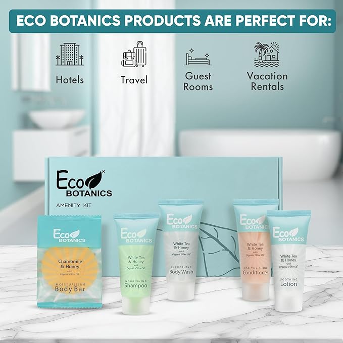 Eco Botanics Amenity Kit | Boxed Hotel Toiletries | Bulk Set .85 oz Travel Size Shampoo, Conditioner, Lotion, Body Wash & Body Bar Soap for Guest Hospitality AirBnB/Vacation Rentals | 15 sets per case