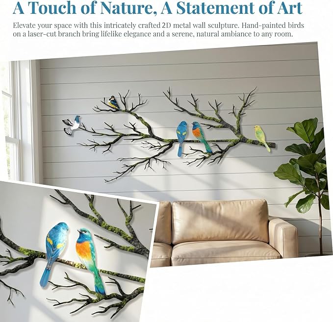 ESTART Metal Birds Wall Art, Metal Vivid Birds on Branch Silhouette Wall Decor Black Leaves with Bird Outdoor Hanging Wall Sculpture for Home Balcony Garden (Bright Color, Large)