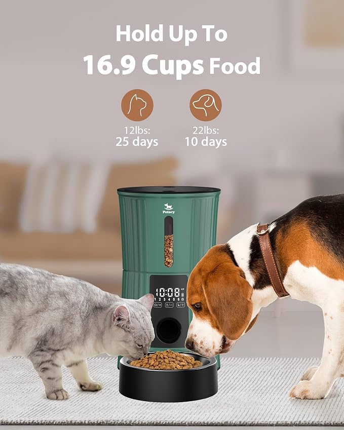Timed Automatic Cat Feeder - 4L Dry Food Dispenser for Cats and Dogs | Programmable Portion Control, 6 Meals Daily, Dual Power Supply, 10-Second Voice Recorder, with Desiccant Bag, Green