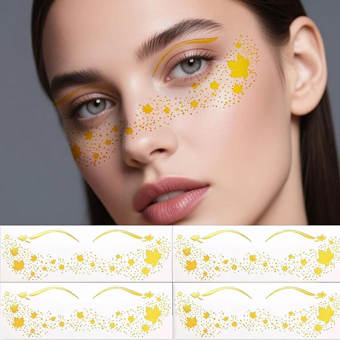 Maple Leaf Freckle Temporary Tattoos - Gold Glitter Face & Body Stickers for Women, Girls, Canadian Party Festival Makeup, Fall Autumn Thanksgiving Decoration Supplies (8 Sheets)