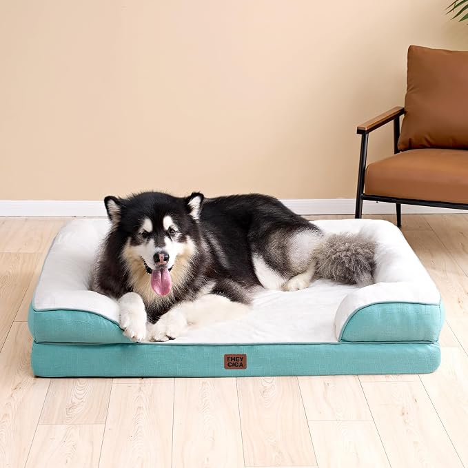 EHEYCIGA Orthopedic Extra Large Dog Bed, Waterproof Washable XL Pet Bed 44" | Non-Slip Bottom and Egg-Crate Memory Foam Big Dog Couch Bed with Washable Removable Cover, Turquoise Blue, 44Inch