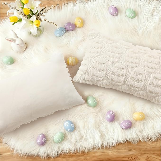 decorUhome Cream White Faux Fur Egg Throw Pillow Covers 12x20 Set of 2 | Plush Soft Wool Jacquard Cream White Cushion Covers, Modern Farmhouse Easter Holiday Decor Pillow Covers for Couch Sofa Bed