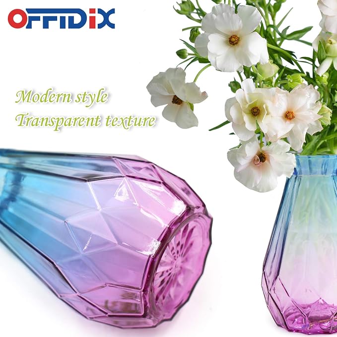 Glass Vase Gradient Multicolor with Geometric Faceted Design Flower Vase for Weddings, Events, Decorating, Arrangements, Flowers, Office, or Home Decor