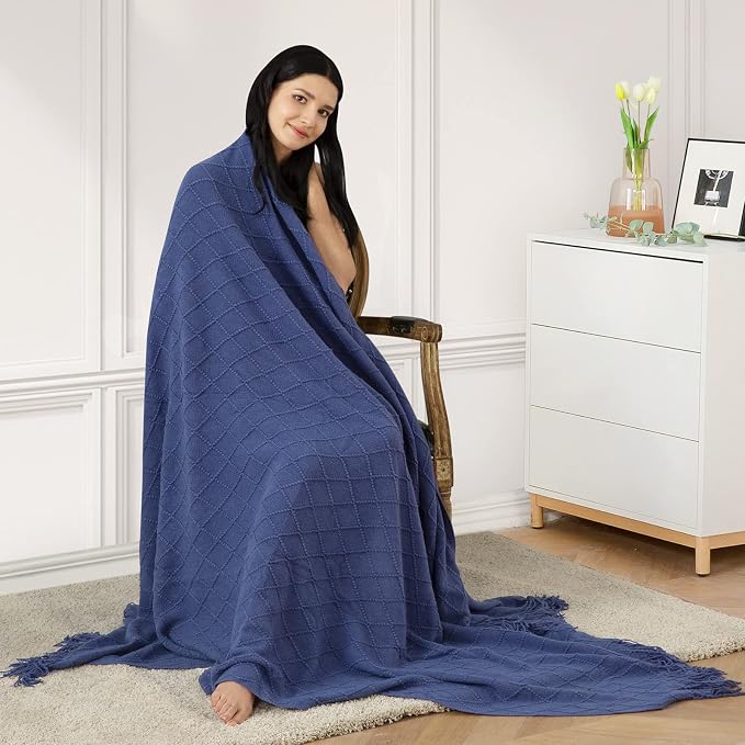 inhand Navy Blue Knitted Throw Blanket for Couch and Bed, 60"x80" | Soft Living Room Home Decor Knitted Twin Size Blanket, Outdoor Lightweight Breathable Summer, Farmhouse Warm Woven Decorative