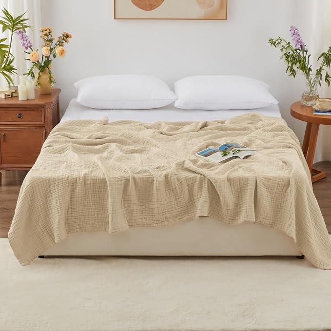 Love's cabin 100% Cotton Muslin Blanket, 6 Layer Lightweight Breathable Gauze Queen Size Blanket 90 x 90 Inches, Soft All Season Blanket for Bed, Khaki