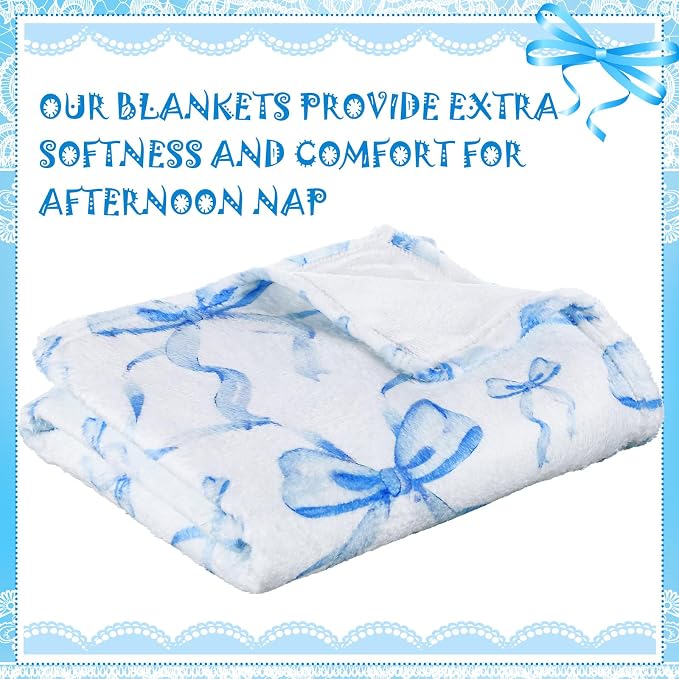 Blue Bow Throw Blanket 50"x60" Soft Flannel for Girls Women | Coquette Aesthetic Decor with Ruffled Edges, Ultra Plush Bed Sofa Blanket, Preppy Gift for Teens, Back to School Dorm Room
