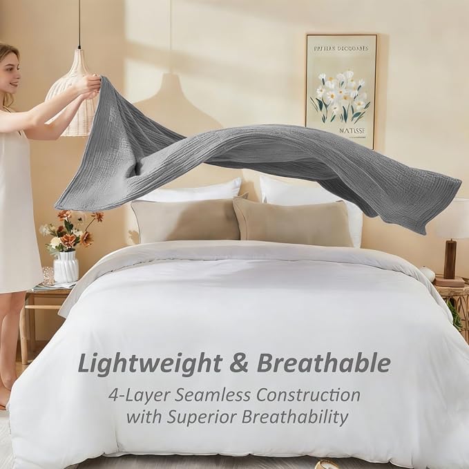 EMME Cotton Muslin Large Throw Blanket Couch Breathable Gauze Soft Lightweight Bed Blankets Adults (Heather Grey, 50"x70")