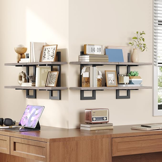 HOOBRO Floating Shelves, 15 Inch Wall Shelf Set of 4, Wall Mounted Storage Shelves 2-Tier, Hanging Bathroom Shelves, for Living Room, Bedroom, Bathroom, Kitchen, Greige and Black BG32BJP401