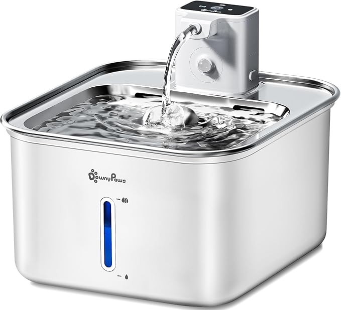 DownyPaws Cat Water Fountain Stainless Steel Wireless Automatic, White | Cordless Battery Operated Pet Water Fountain, 101 Oz/3L Water Fountain for Cats Drinking with Motion Sensor