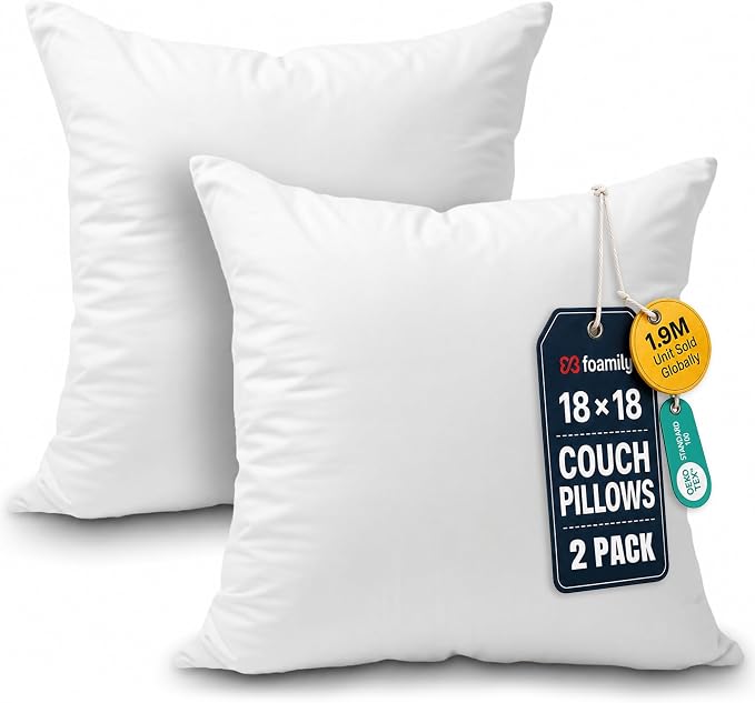 Foamily 18x18 Throw Pillow Inserts, White Pillows for Couch & Bed, 2 Pack | Soft down-alternative fill, hypoallergenic, holds its shape. Fits 18x18 covers. Couch, sofa, bed, nursery decor.