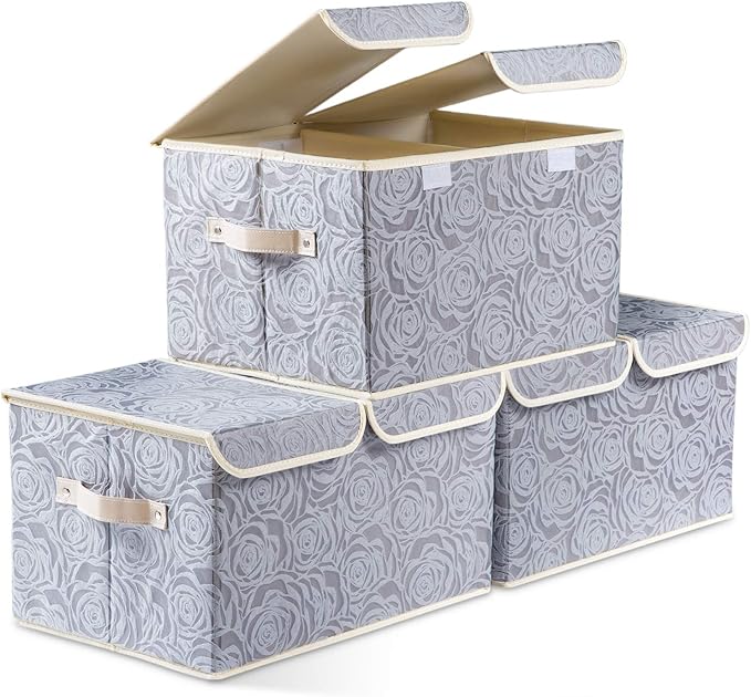 Large Foldable Storage Bins with Lids Fabric Decorative Storage Box Cubes Organizer Containers Baskets with Cover Handles Removable Divider for Home Bedroom Closet 17.3x11.8x9.8 Inch 3 Pack