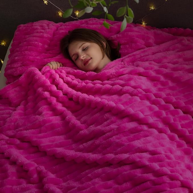 NEWCOSPLAY Fleece Ribbed Cozy King Blanket for Couch, Hot Pink, 90"x110" | Premium Silky Flannel Blanket, Soft Lightweight Fluffy Throw Blanket for Bed Sofa Decor, Gift for All Season Use