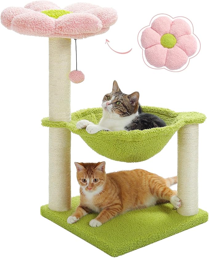 Flower Cat Tree, 28" Cat Tower with Cozy Flower Perch, Large Hammock for Indoor Small Cats, Cute Cat Tree with Sisal Scratching Post and Fur Toy Ball for Kittens, Pink | Plush flower perch, Metal frame hammock, Sisal post, Fluffy toy ball, Thickened st...