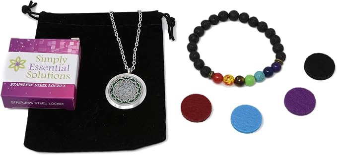 Aromatherapy Essential Oil Diffuser Stainless Steel 30 MM Silver Magnetic Locket Pendant 2 Sizes Chain Necklace, Refill Pads & Diffuser Bracelet in a Velvet Bag (flower3)