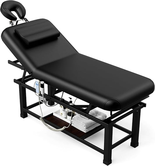 Dolonm Heating Function 30 Wide x 75 Long Heavy Duty Electric Stationary Massage Table with Backrest Adjustable and Storage Space for Treatment/Medical Spa/Facial/Beauty/Massage Bed and More - Black