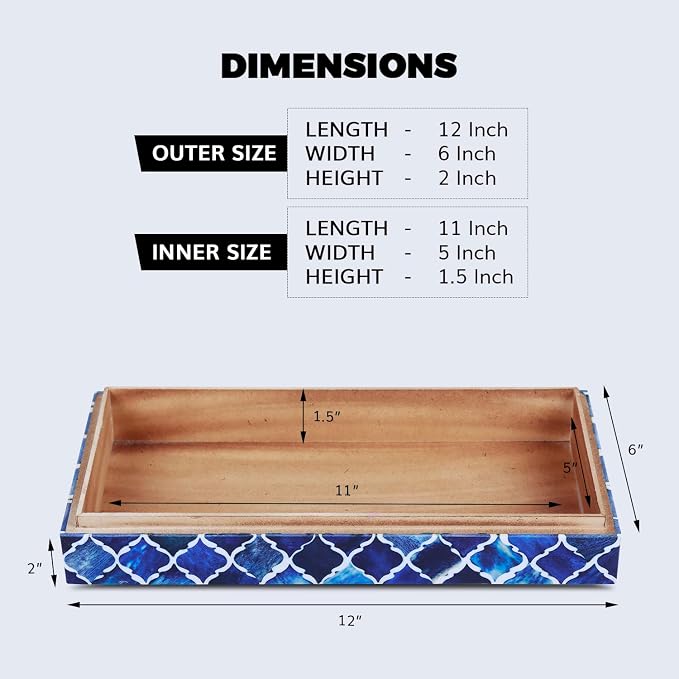 Handicrafts Home Large Decorative Storage Box with Lid, Moroccan Coffee Table Storage Organizer Box, Wooden Remote Holder Keepsake Storage Box, Console Table Storage, Blue, 12 x 6 x 2