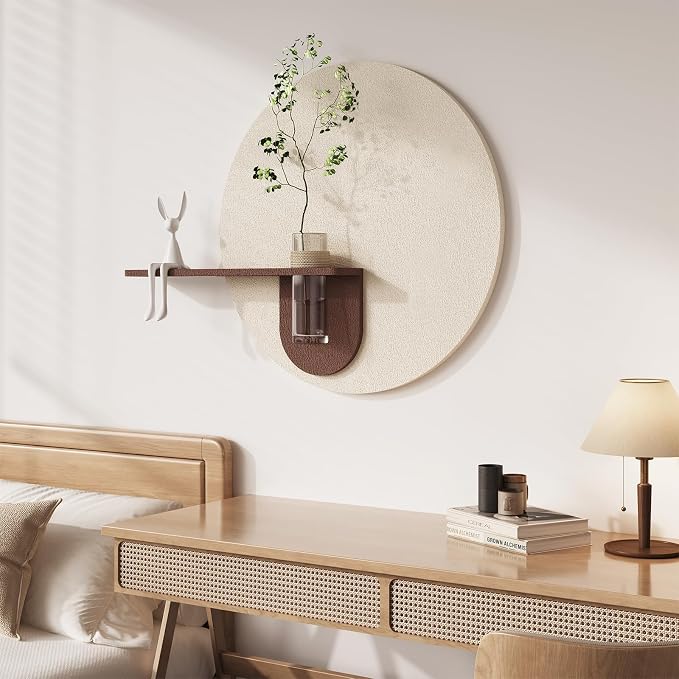 3D Textured Neutral Round Wall Art with Vase, Modern Minimalist Painting Artwork for Walls, Cream Geometric Circle Picture Wall Decor for Living Room, Hallway, Dining Room, Bedroom, Office, 24x31 Inch