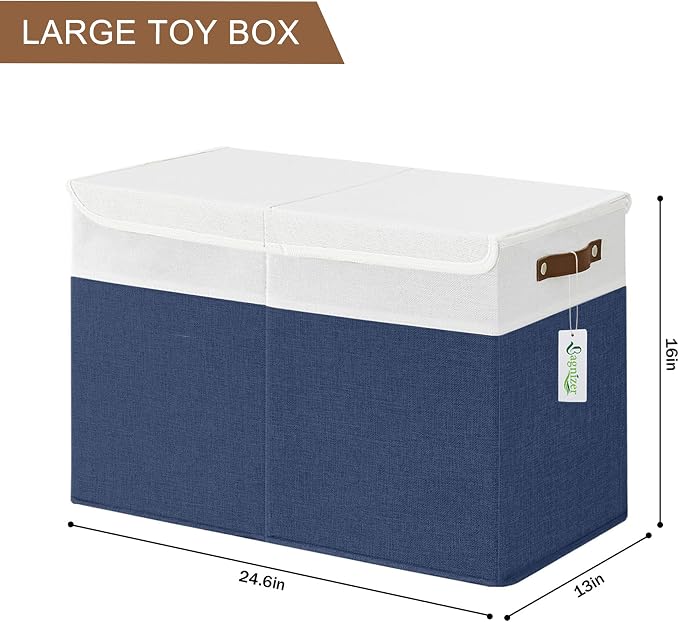 Large Toy Storage Box with Lids, Collapsible Sturdy Baby Storage Organizer Chest Bin Basket for Kids, Boys, Girls, Playroom, Nursery, Bedroom, Closet 25"x13"x16" (Navy Blue and White)