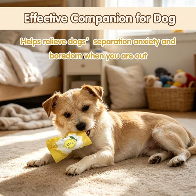 Andiker Squeaky Dog Toy, Cute Candy Shape Lemon Cherry Pattern Dog Chew Toy with Squeaky Spiky Ball and Crinkle Paper, Interactive Plush Dog Toy for Dogs Indoor Teething and Anxiety Relief (Yellow)