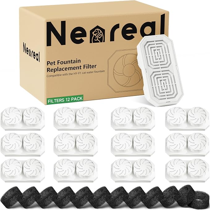 Neareal Official 12-Pack Replacement Filter Set for 108oz Cat Fountain | Includes 12 Replacement Filters & 12 Pre-Filter Sponges for 108oz/3.2L Stainless Steel Pet Water Fountain