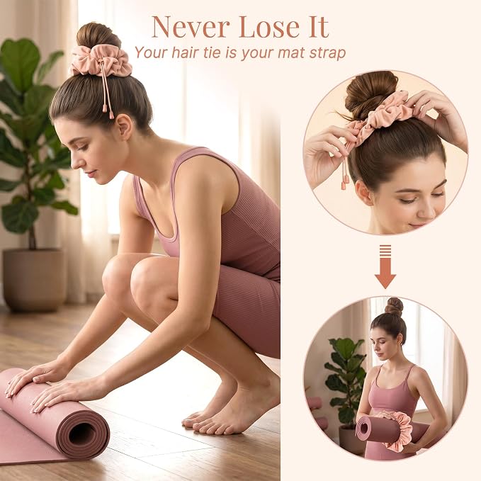 Aolamegs Adjustable Yoga Mat Scrunchie, 2-in-1 Mat Strap and Hair Tie, Fits All Standard & Extra Thick Yoga Mats