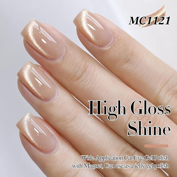 Double Rhythm Cat Eye Gel Polish with Magnet 15ML Ice Glass Holographic Glitter Shimmer Translucent Sheer Color Salon Soak Off Magnetic at Home (Milky Nude-MC1121)