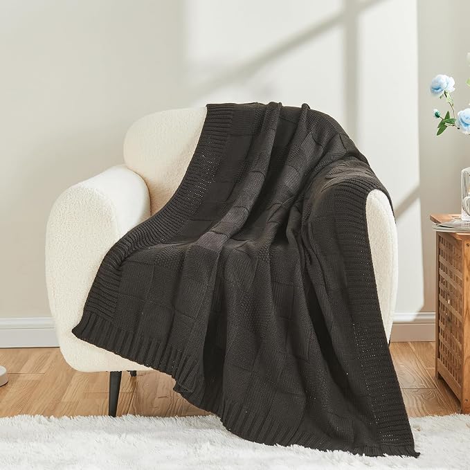 CozeCube Jet Black Knitted Checkered Throw Blanket 50"X60" | Check Knit Throw for Couch, Decorative Christmas Soft Cozy Warm Blanket for Bed Sofa Living Room