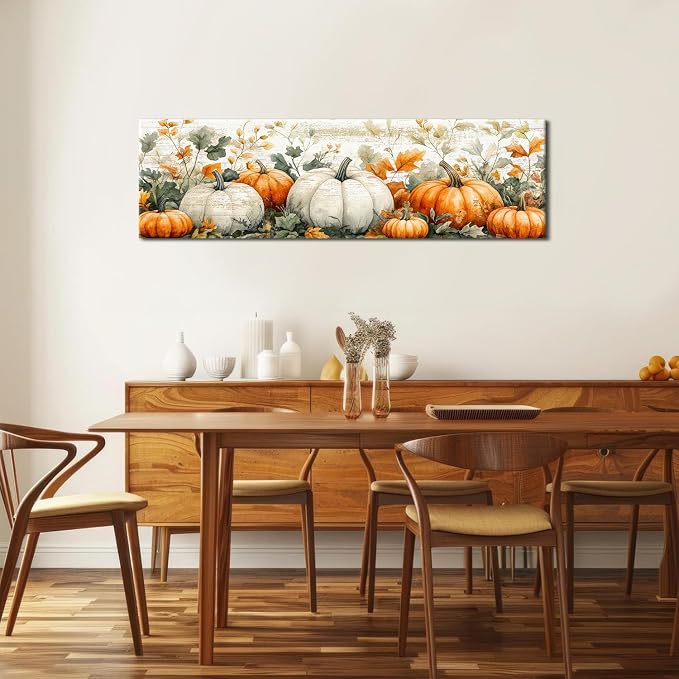 Pumpkin Canvas Wall Art Fall Picture Botanical Wall Decor for Kitchen Living Room, Rustic Flowers Scenic Prints Painting Holiday Decorations Watercolor Autumn Flowers Painting Poster Artwork 14x48”