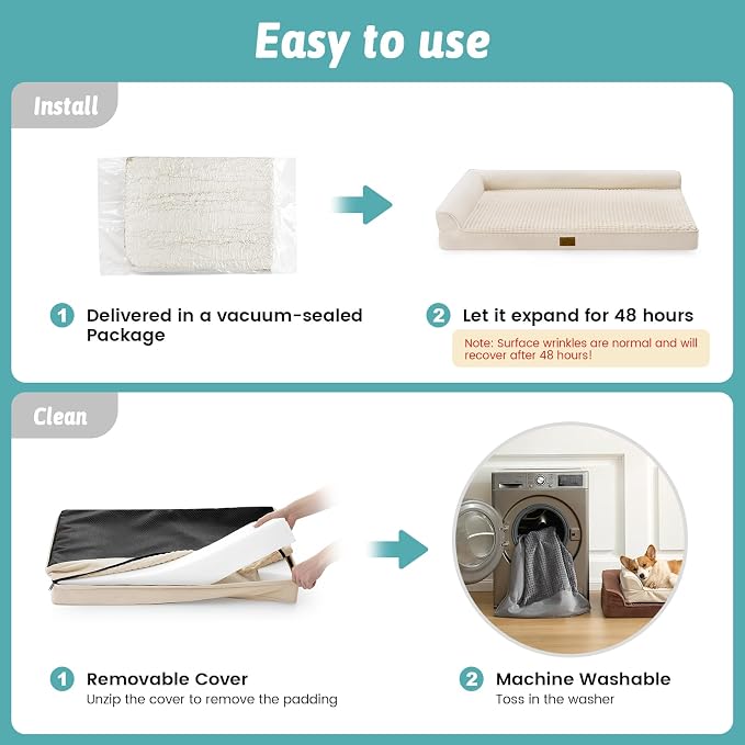 COZY KISS Orthopedic Dog Bed for Medium Small Size Dogs, L Shaped 30x20 in | Non-Slip Bottom Soft Pet Sofa with Washable Removable Waterproof Cover, Egg-Crate Foam Couch with Portable Handle, Beige