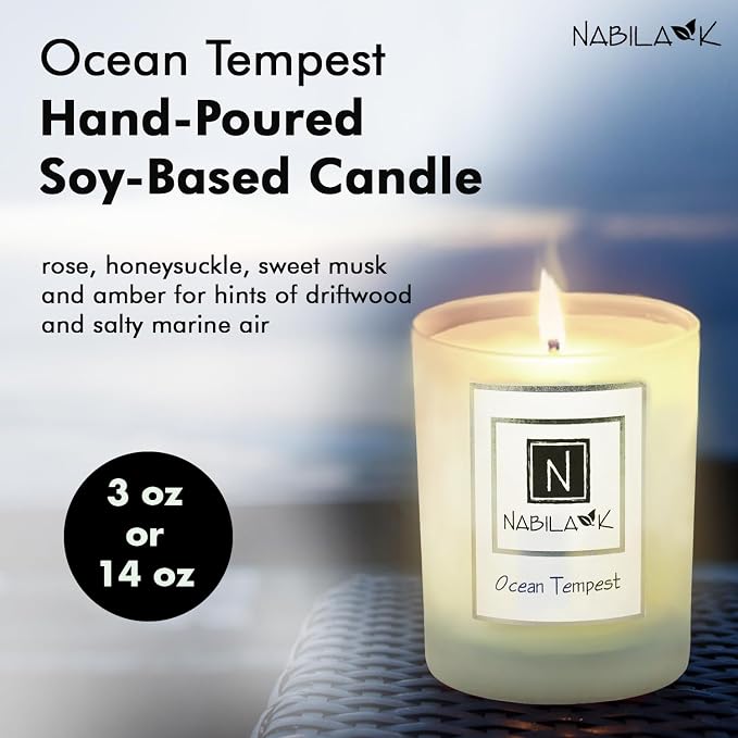 Nabila K – Ocean Tempest - Soy-Based Candle – Rose, Honeysuckle, Sweet Musk, Amber - Hand-Poured - Cotton Wick - Aromatherapy Candle w/Essential Oils - Made in USA - 3 oz