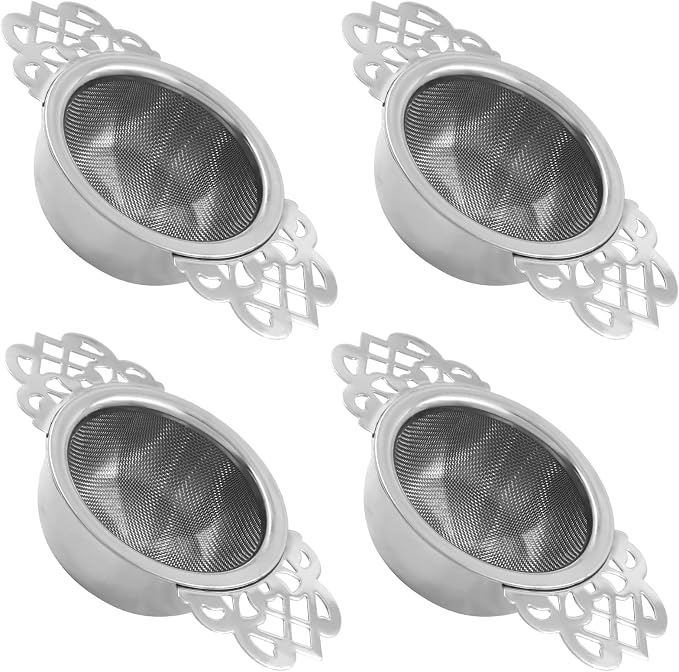 4 Pack Fine Mesh Tea Strainers with Drip Bowls, Stainless Steel Loose Leaf Tea Filter, Double Wing Handles for Mugs & Cups 2.5-4 Inch Mouth, Silver