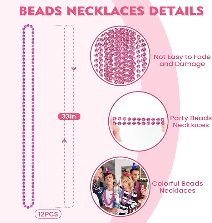SHAOQINLIN 12 PCS Pink Bead Necklace, 33" Pink Mardi Gras Beads, Breast Cancer Awareness Beaded Necklaces, Party Beads for Mardi Gras, Christmas, Valentine's Day, Wedding, Gender Reveal Party Favors