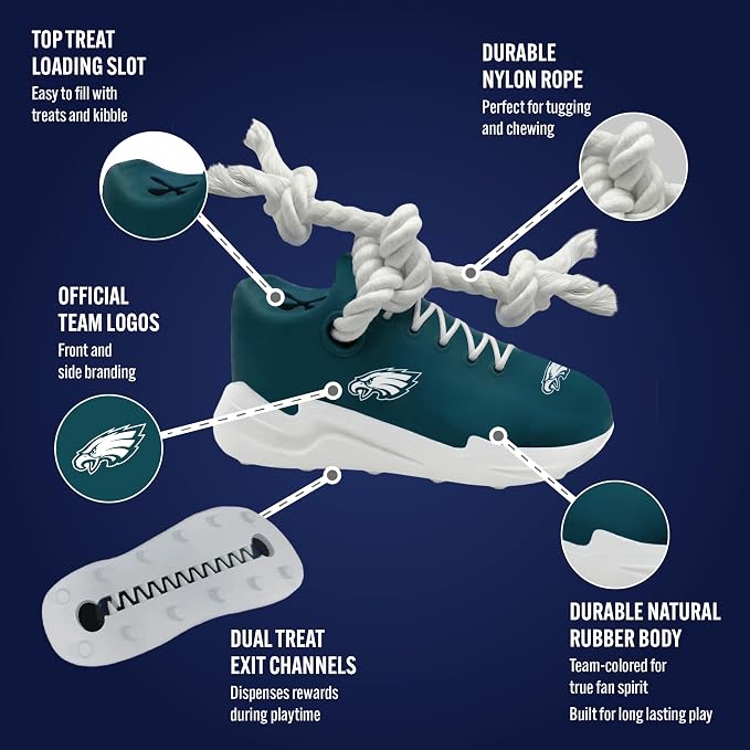 Pets First NFL Philadelphia Eagles Cleat Sneaker Spike Dog Toy, Football Treat Dispenser Chew Toy for Dogs, Interactive Rope Tug Toy, Slow Feeder Natural Rubber Dog Toy with Official Team Logo