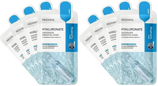 Mediheal Best Korean Hyaluronate Watermide Essential Face Mask - Hydrating and Moisturizing Sheet Masks With Hyalu Active 3x For All Skin Types (4 Count) (Pack of 2)