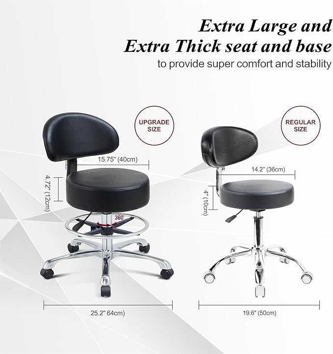 Height Adjustable Rolling Shop Stool with Back Support - Kitchen Stool with Wheels Heavy Duty Stool with Back for Salon,Spa,Massage,Tattoo,Esthetician – Rolling Stool Extra Thick for Extreme Comfort