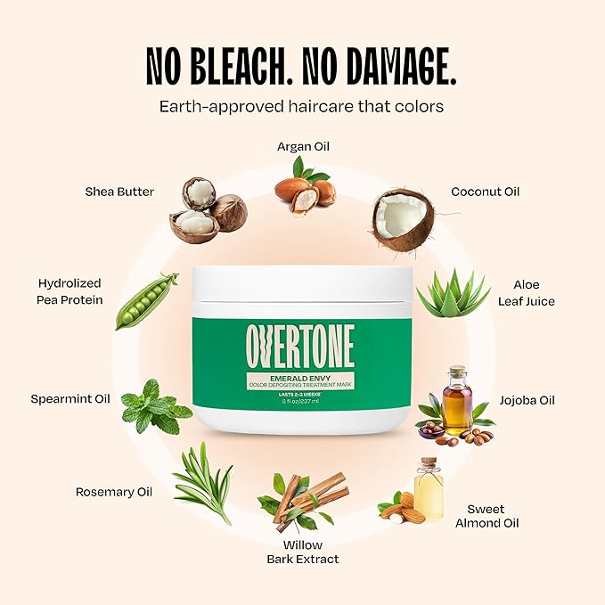 Overtone Semi Permanent Hair Color Conditioner, Emerald Envy, 8 oz, Nourishing, Damage-Free, Color Depositing Mask for All Hair Types with Shea Butter & Coconut Oil, Vegan & Cruelty-Free