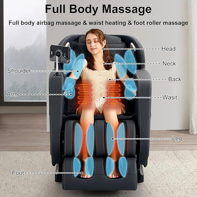 4D Massage Chair Full Body|Zero Gravity Shiatsu Massage Chairs Recliner with Heated Bluetooth Speaker Airbag Yoga Stretch, Foot Roller (Black)