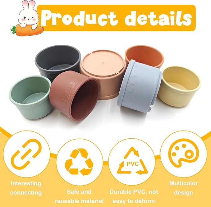 8 Pcs Stacking Cups for Small Animal Toys,Nesting Rabbit Toys of Different Sizes,Safe Plastic Colorful Nesting Toys for Bunny Guinea Pig Hiding Food and Playing